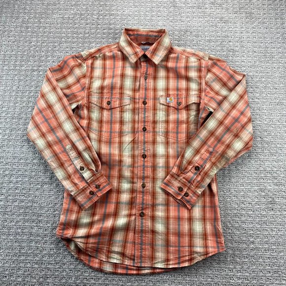 Carhartt Shirt Men Small S Orange Brown Blue Plaid Button Up Relax Fit - STAINS - Picture 1 of 11